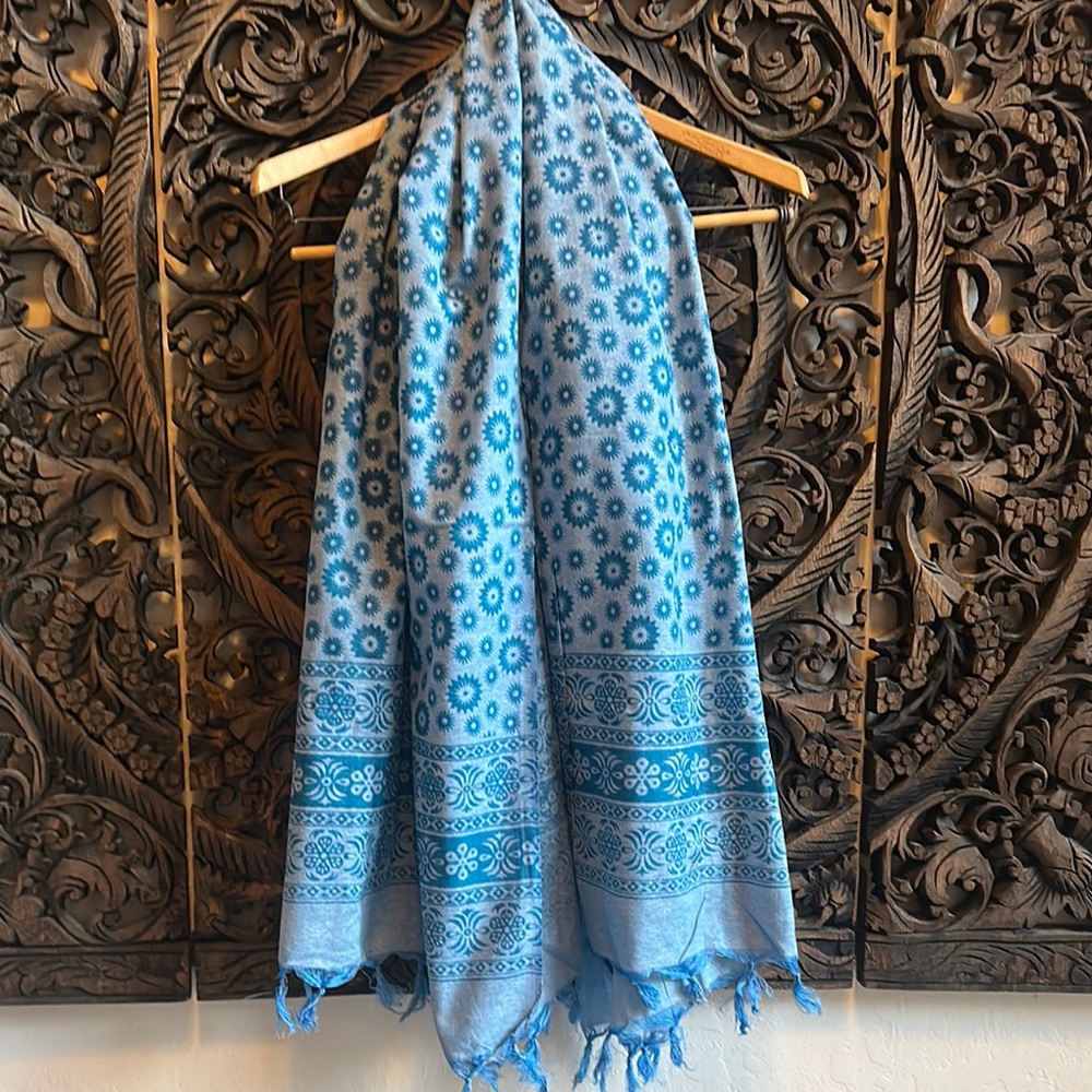 Wide Blue Patterned Scarf with Fringe